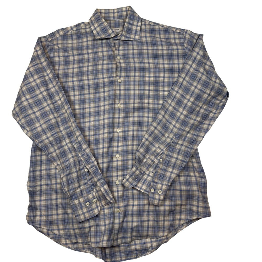 Peter Millar Mens Blue Tan Plaid Cotton Button Down Shirt Large MSW11LTS CAPE